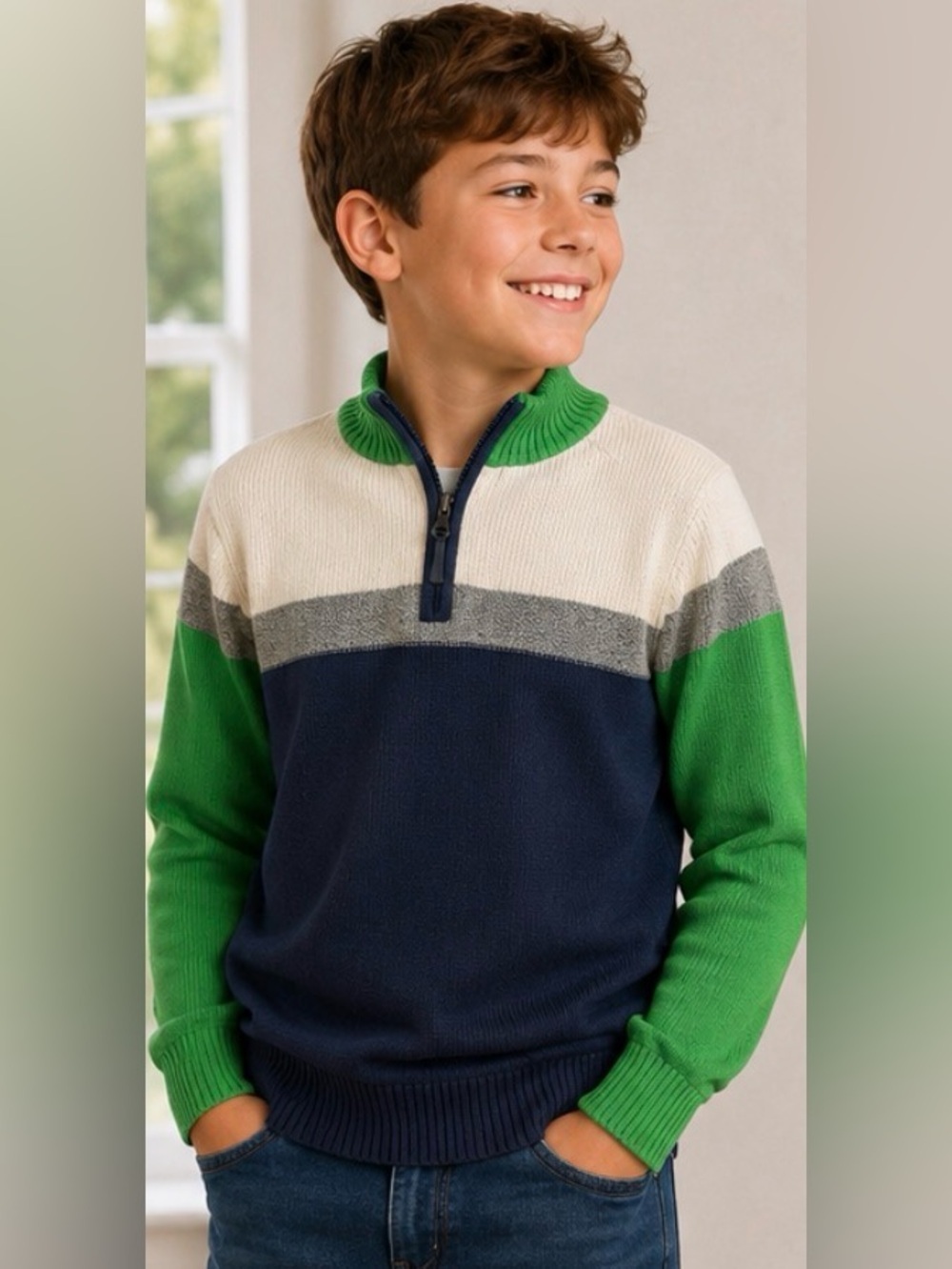 Kitestrings by Hartstrings Boys Quarter Zip Sweater Size 12/14 Green Navy